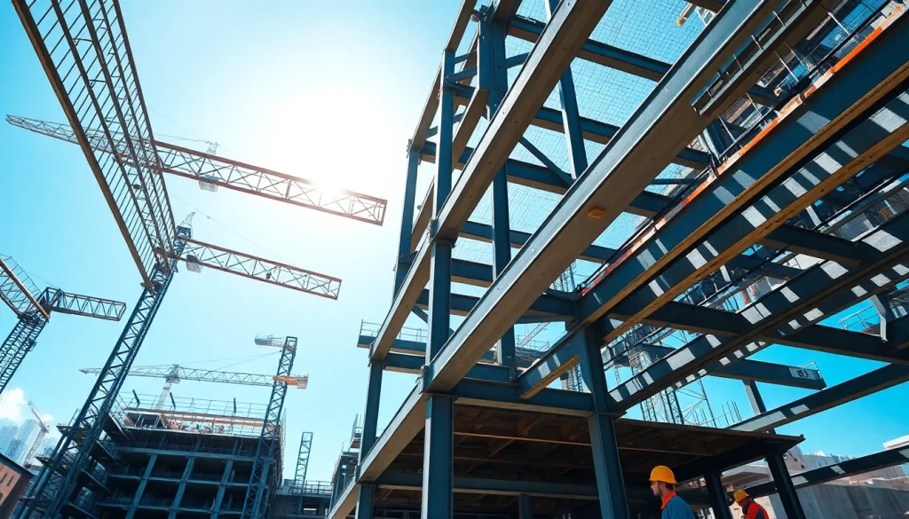 Visual representation of steel structure design highlighting intricate frameworks at a construction site.
