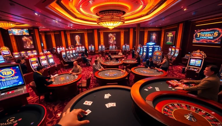 Engage with TK88's thrilling casino atmosphere as players strategize at poker tables amid vibrant lights and gaming excitement.