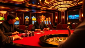 Intensely focused players at the 7C77 poker table, surrounded by vibrant casino visuals.