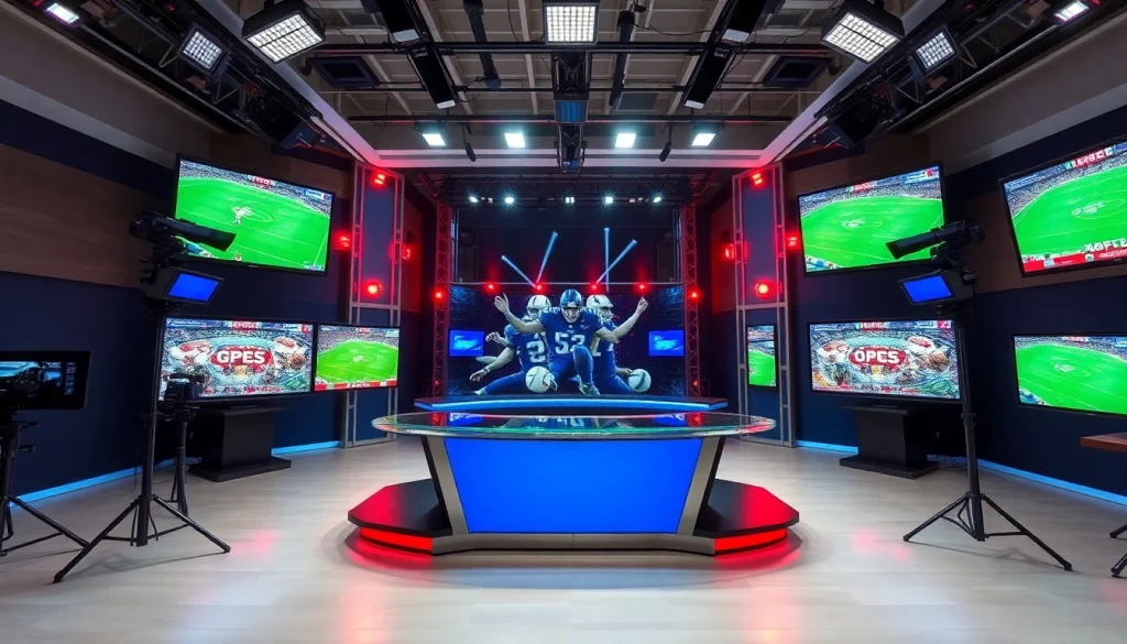 Engaging scene of Sports Broadcasting studio with advanced technology and vibrant displays.