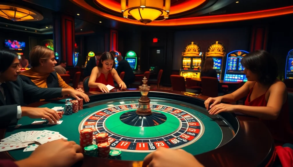 Players engaging in high-stakes gambling at a luxurious s88 casino table with vibrant chips and cards.