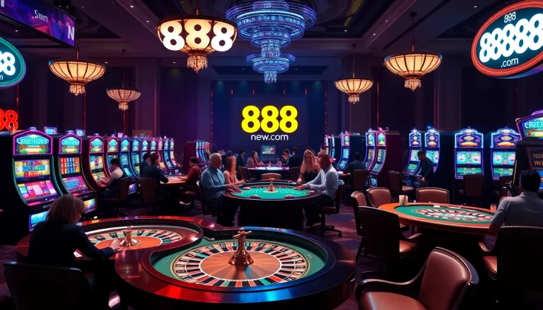 Experience the thrill of gaming at 888new.com with an exciting casino scene filled with vibrant roulette tables and slot machines.