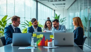 Showcasing business growth insights through team collaboration in a modern workspace.