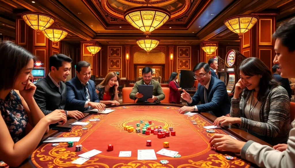 Players enjoying a Tai Xiu game at a luxurious casino table, with vibrant dice and chips.