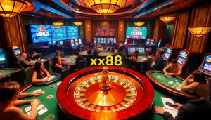 Players celebrating wins at an extravagant casino featuring the dynamic xx88 roulette wheel.