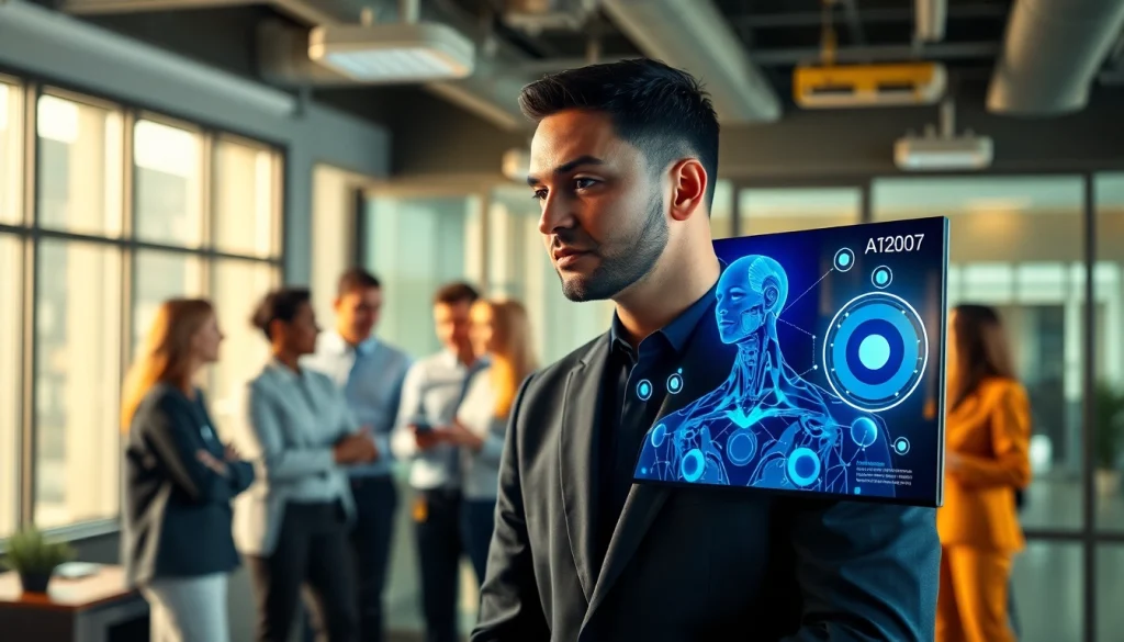 AI Employee assisting a team in a modern office, enhancing productivity and collaboration.