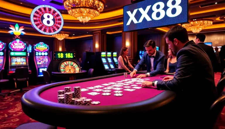 Experience thrilling gameplay at X88 with elegant poker tables and vibrant casino visuals.