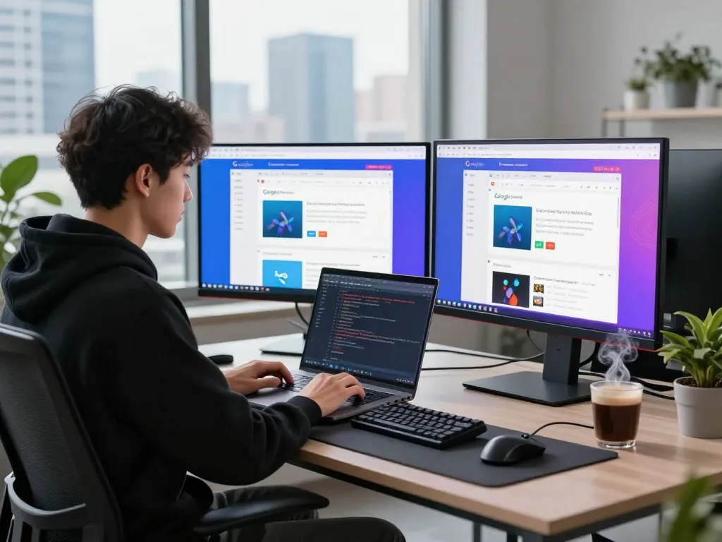 投入工作的开发者在现代工作空间中使用谷歌浏览器进行编码，屏幕上显示多个窗口。