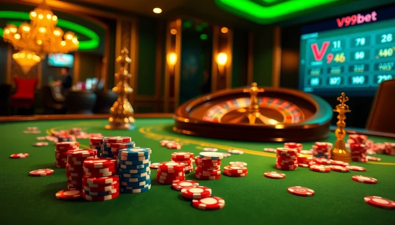 Experience high-stakes excitement at V9bet with luxurious casino visuals of poker and roulette.