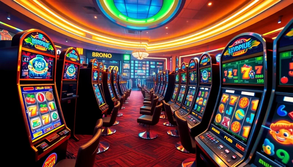 BROMO888 online gaming scene with vibrant slot machines and digital interface elements