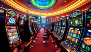 BROMO888 online gaming scene with vibrant slot machines and digital interface elements