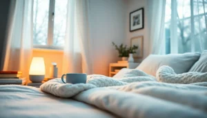 暖かいお茶とくつろぎの雰囲気がある、風邪 一晩で治す方法を訴求する安らかな寝室のシーン。