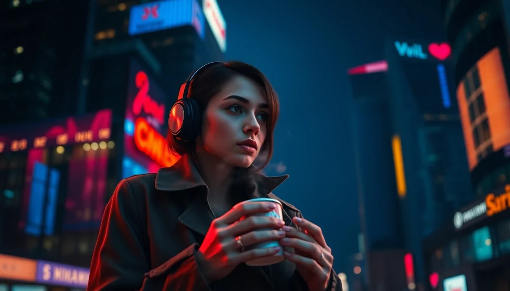 Generate an image to prompt with a woman in a cityscape at night holding coffee.