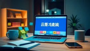 Modern digital workspace featuring 有道翻译 on a sleek laptop with colorful language flashcards.