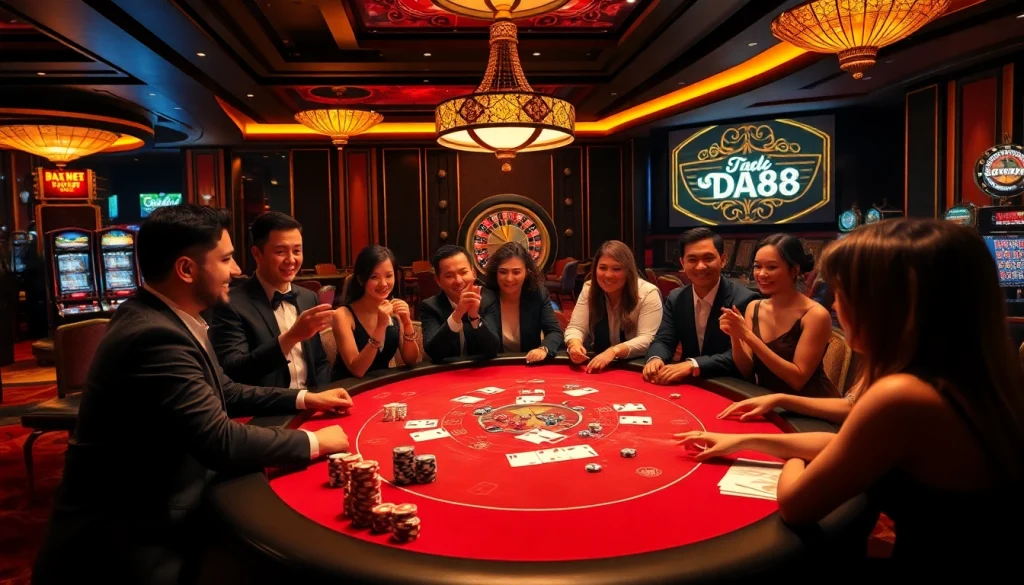 Players enjoying a thrilling poker game at a lavish casino table, showcasing DA88 excitement and strategy.
