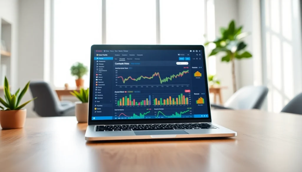 Analyze performance metrics with an SEO Rank Tracker displayed on a laptop in an office setting.