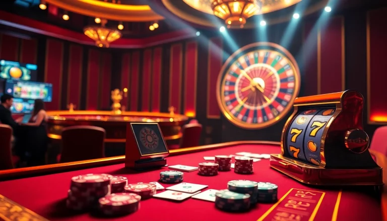 KJC online gambling excitement with casino tables, poker chips, and slot machines in a luxurious setting.