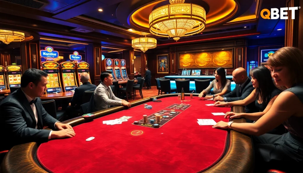 Experience the thrill of high-stakes gaming at 8qbet with luxurious casino tables and vibrant slot machines.