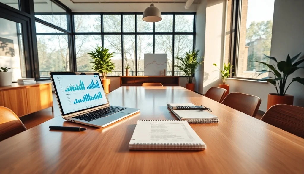 Biuro rachunkowe prezentujące nowoczesne miejsce pracy z dokumentami finansowymi i laptopem.