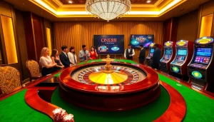 ONE88 casino scene with players enjoying vibrant roulette and poker tables, conveying excitement.