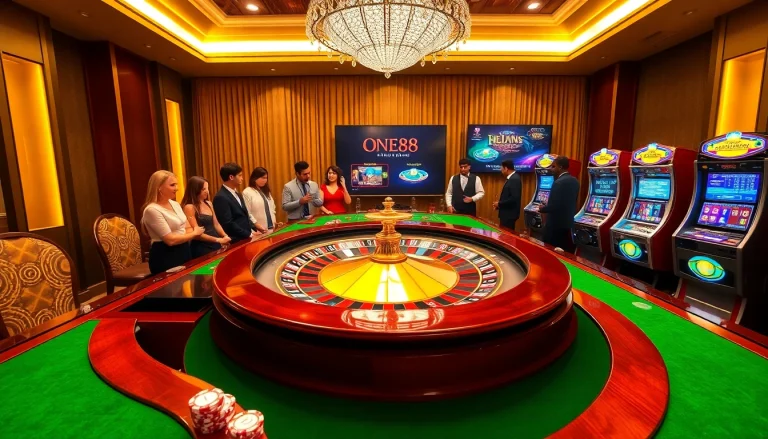 ONE88 casino scene with players enjoying vibrant roulette and poker tables, conveying excitement.