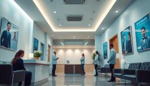 メンズライフクリニックの歓迎的な受付エリアを写した画像。患者にやさしいサービスと好評の口コミ評判を強調。