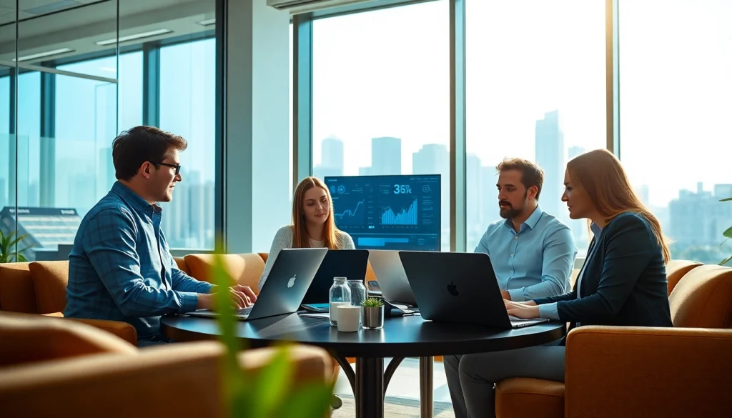 Data analysts collaborating on b2b competitive intelligence strategies in a bright office.