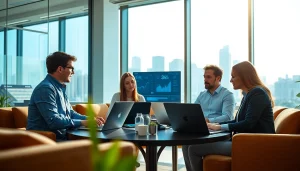 Data analysts collaborating on b2b competitive intelligence strategies in a bright office.