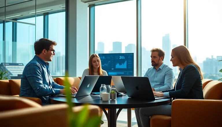 Data analysts collaborating on b2b competitive intelligence strategies in a bright office.