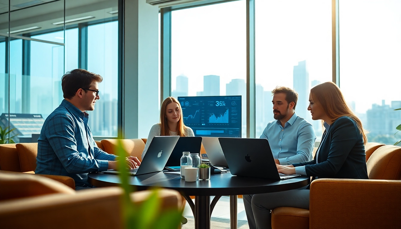 Data analysts collaborating on b2b competitive intelligence strategies in a bright office.