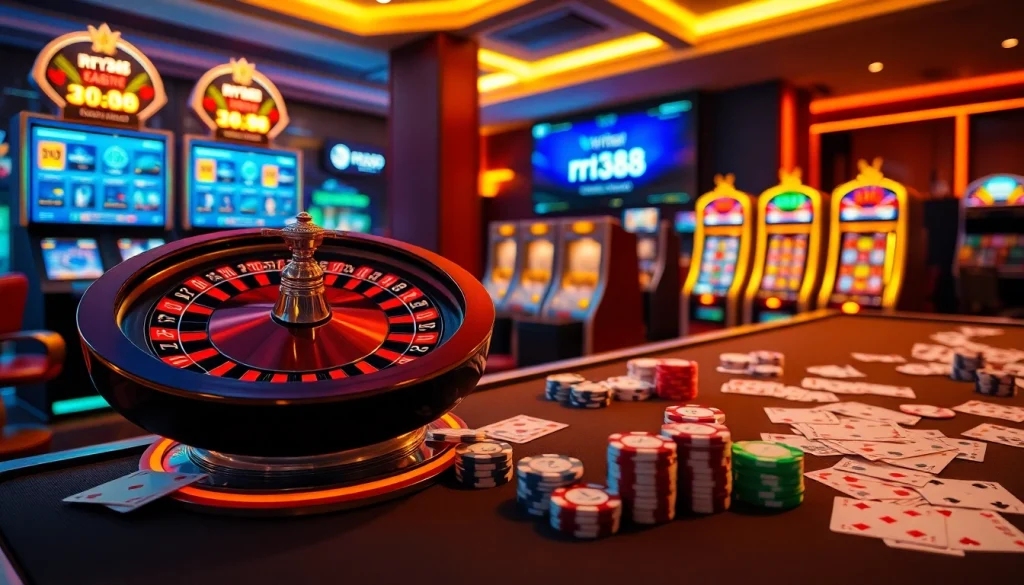rr88 players placing bets at a vibrant casino table with roulette and slots.