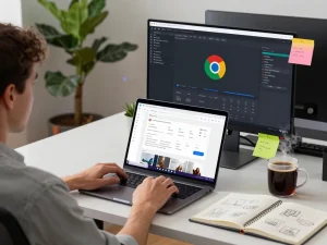Professional workspace featuring a user engaging with 谷歌浏览器 on a laptop, showcasing productivity and technology.