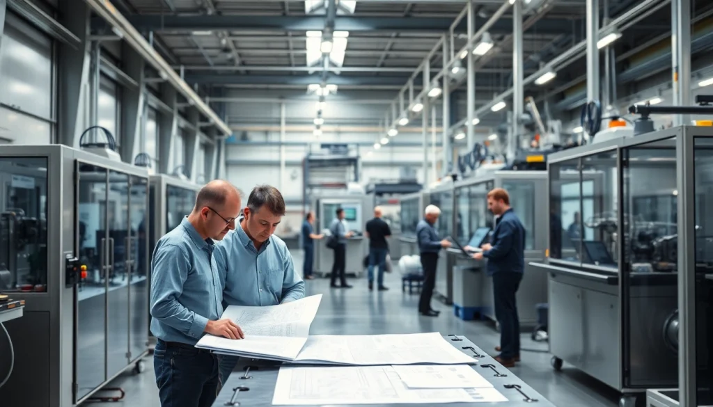 Engineers collaborating in a modern manufacturing facility representing fab tech Industries inc.