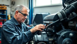 Kinghams technician expertly repairing a Land Rover engine in a well-equipped workshop.
