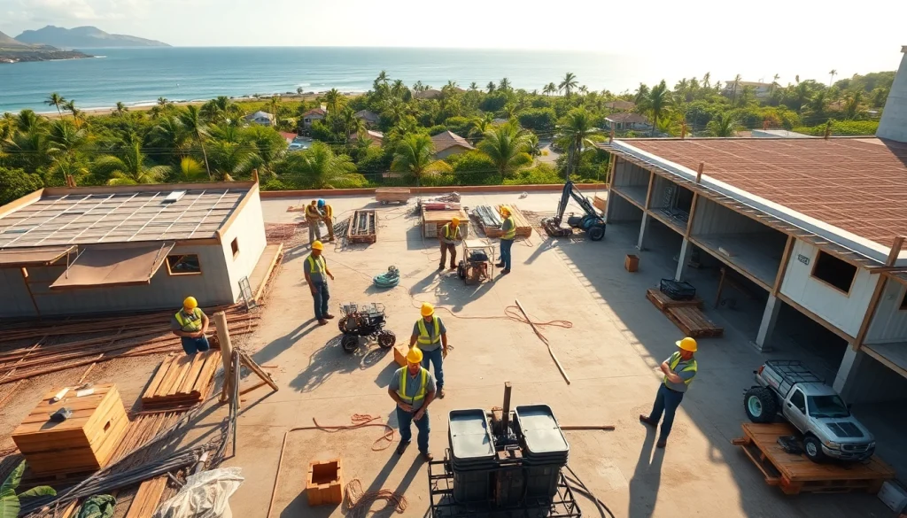 Hawaii construction news highlights active construction workers in a tropical setting.