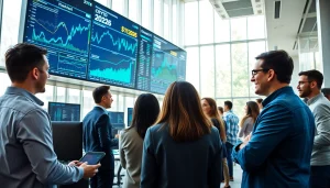 Dynamic trading room scene illustrating Crypto 2026 with professionals analyzing cryptocurrency trends.