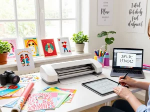 Designer creating SVG for Cricut in a vibrant craft studio, surrounded by colorful materials.