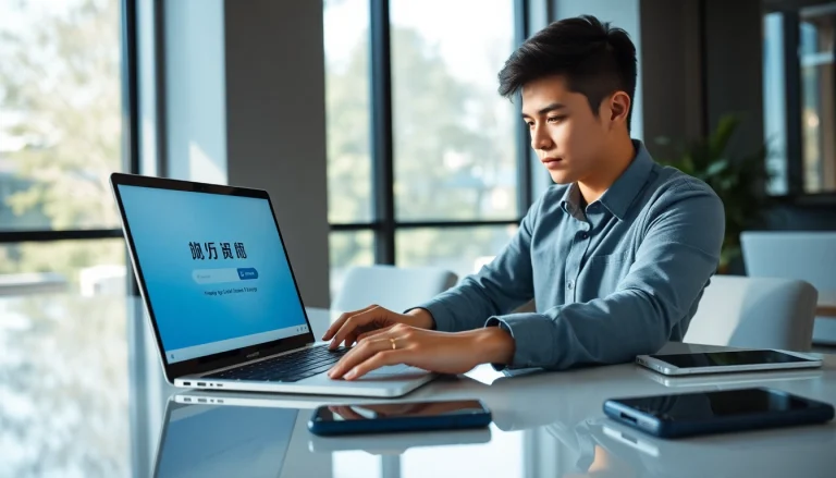 在现代办公室的一台时尚笔记本电脑上，展示了快连下载界面及其用户友好设计。