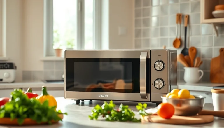 Showcase microwave oven sales with a stylish unit and fresh cooking ingredients.