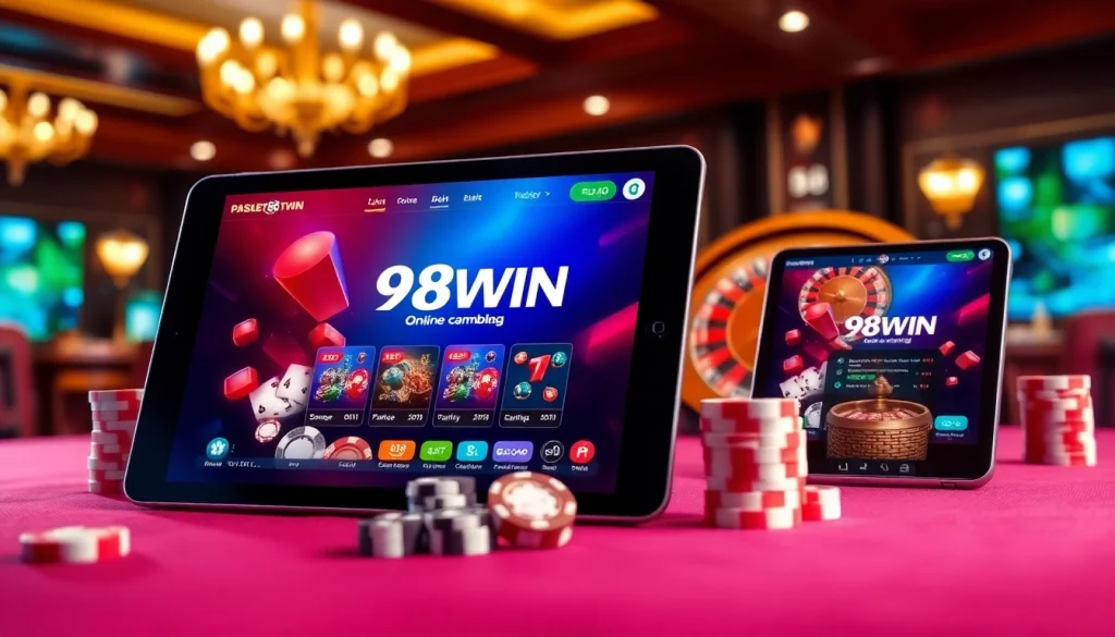 Experience the excitement of 98WIN with engaging casino visuals featuring poker chips and roulette.