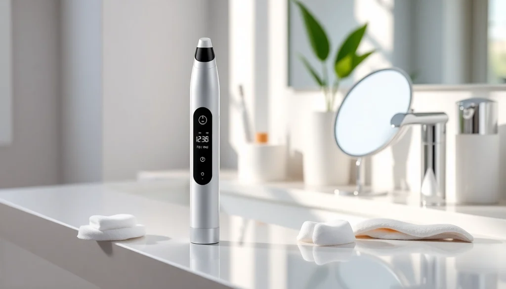 A mole freckle pen showcased on a bathroom counter with beauty items, highlighting its sleek design and user-friendly features.