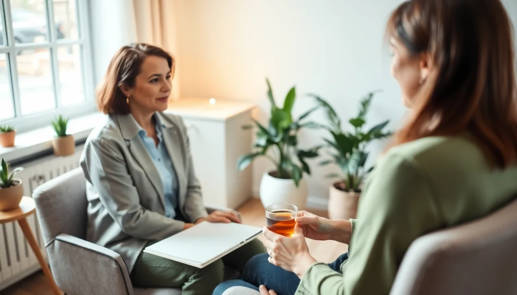 Anxiety symptoms explored by a therapist with a client in a calming office setting.