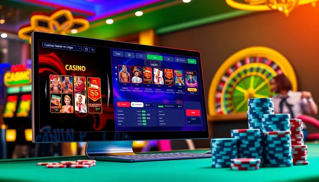 Découvrez l'excitation du casino en ligne avec un cadre de casino en ligne glamour, featuring poker et machines à sous.