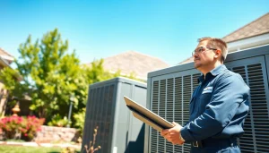 Technician examining an HVAC system; American Standard HVAC dealer service image.