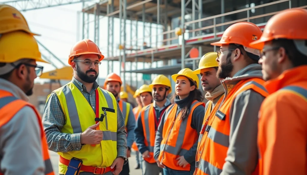Construction safety training session with workers engaging and learning about safety measures.