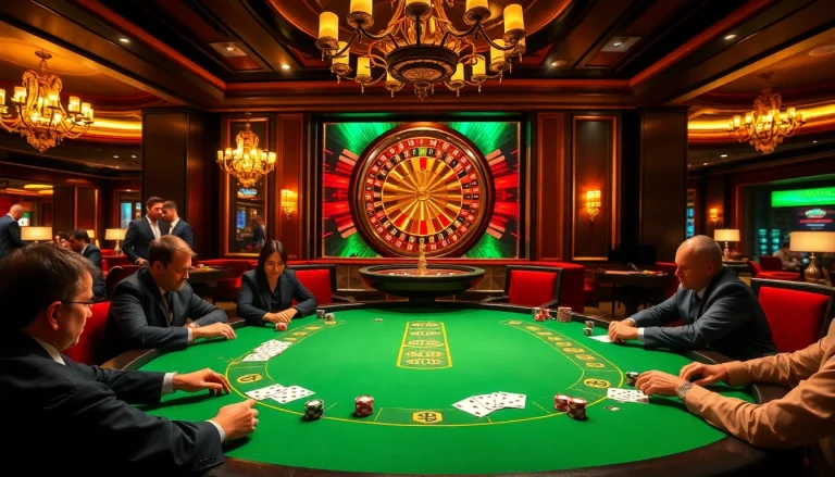 Exciting action at a luxurious casino poker table featuring mega gameplay with vibrant colors and elegant decor.