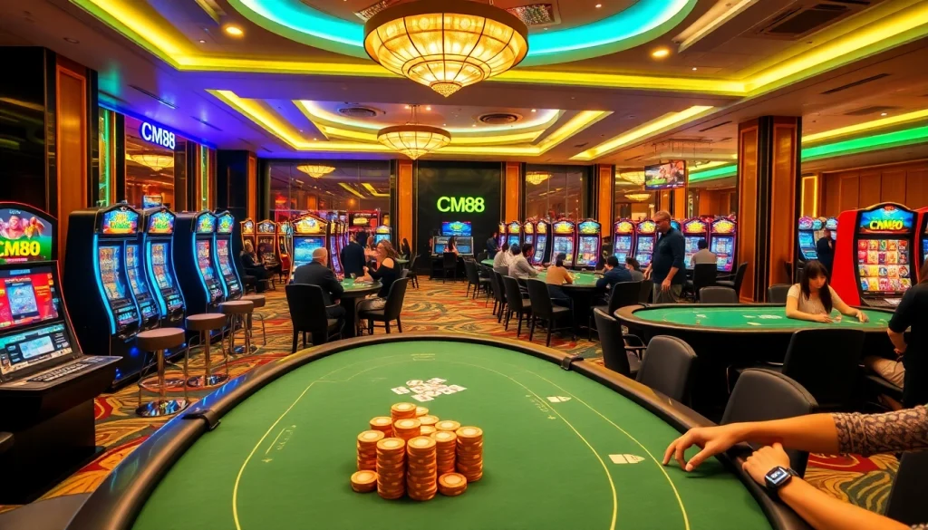CM88 players enjoy an exciting gaming experience at poker tables in a luxurious casino.