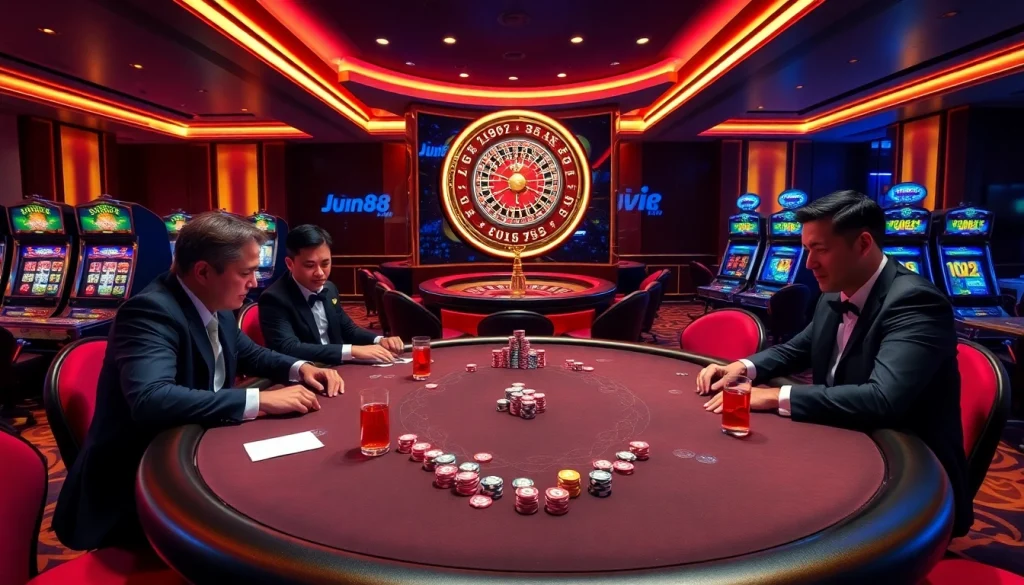 Exciting poker game scene at Jun88 Casino with colorful chips and elegant ambiance.