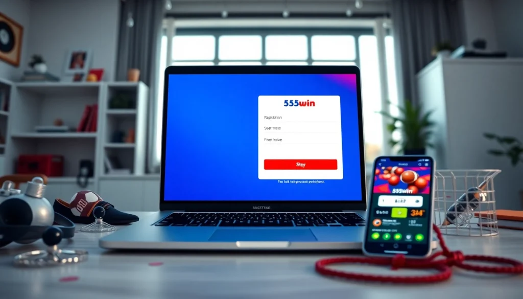 Engaging interface of 555win đăng nhập on a modern laptop with a smartphone app.