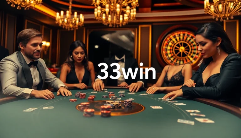 Betting with enthusiasm at the 33win poker table amidst a vibrant casino atmosphere.